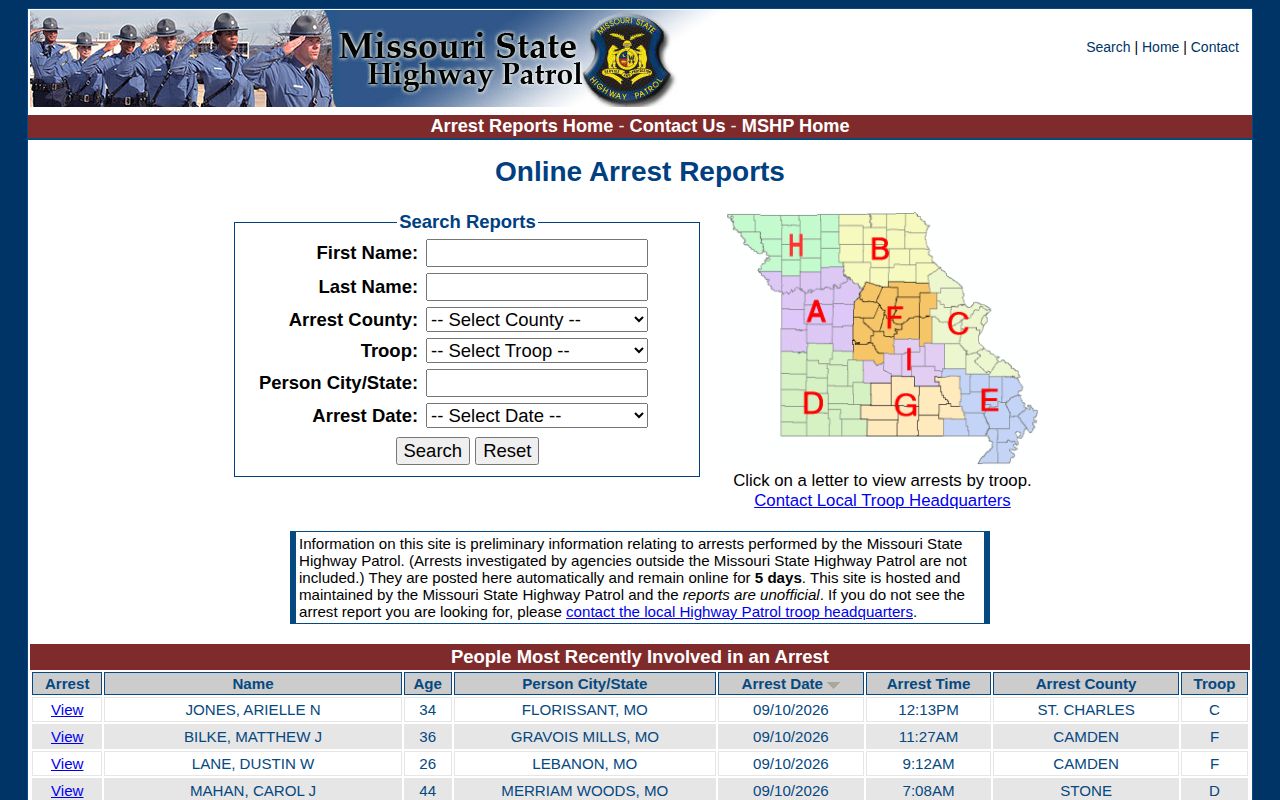 Official Missouri State Highway Patrol arrest report search controls