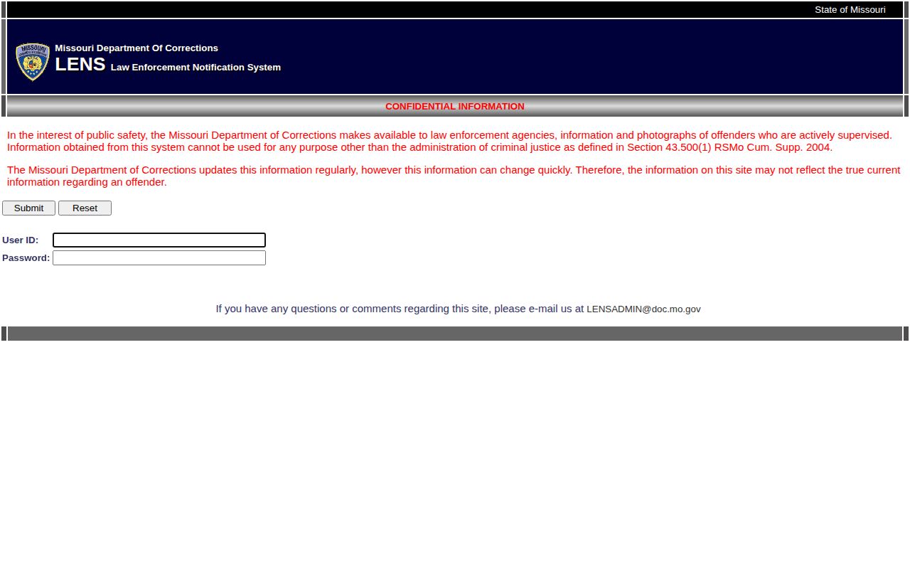 Missouri DOC restricted photo system notice relevant to Knox County booking photos