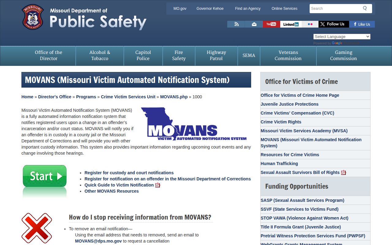 Official Missouri MOVANS information page for custody and court notifications