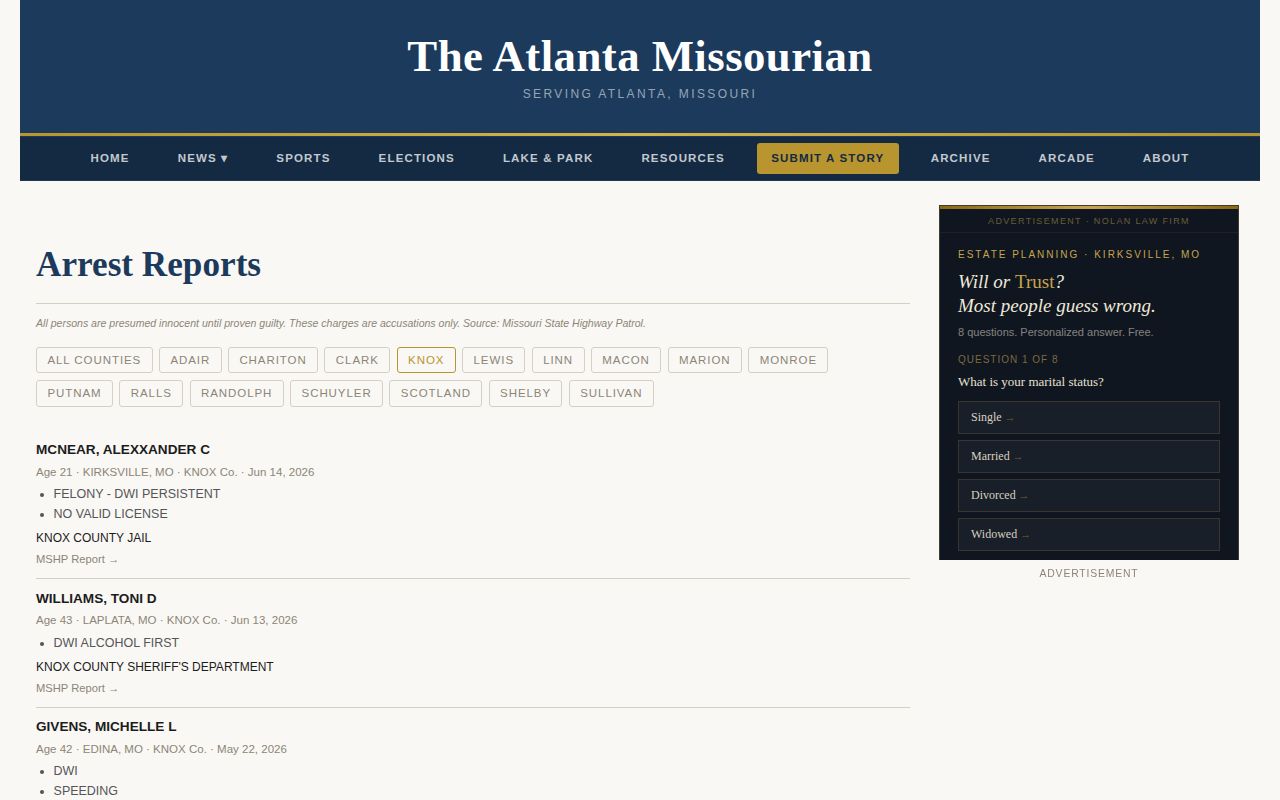 Atlanta Missourian Knox County arrest index with MSHP source context