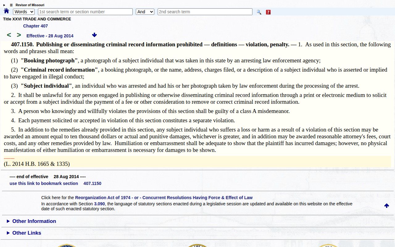 Missouri law on paid removal and correction of Knox County arrest information